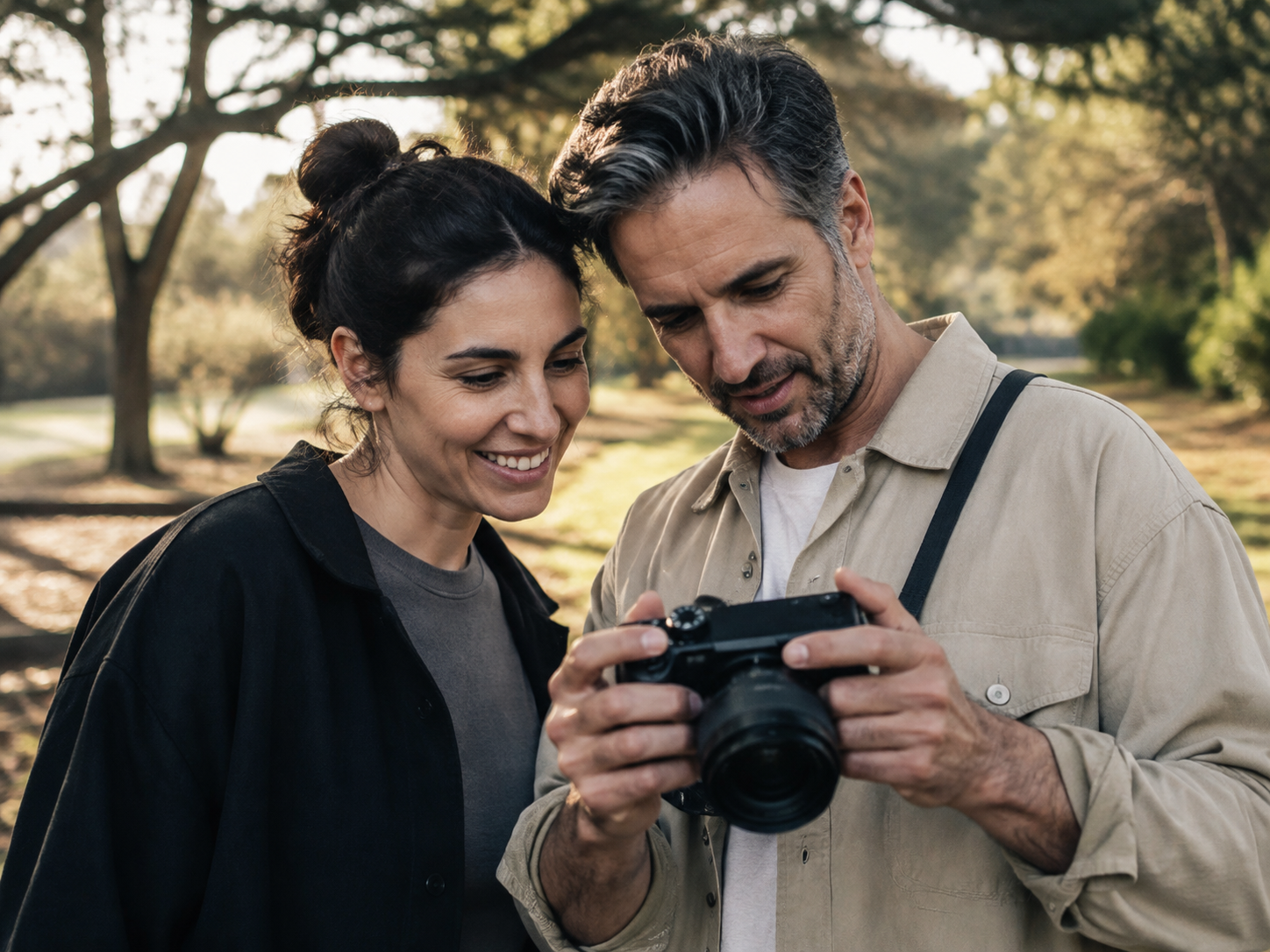 Adults experimenting with a camera in a park.