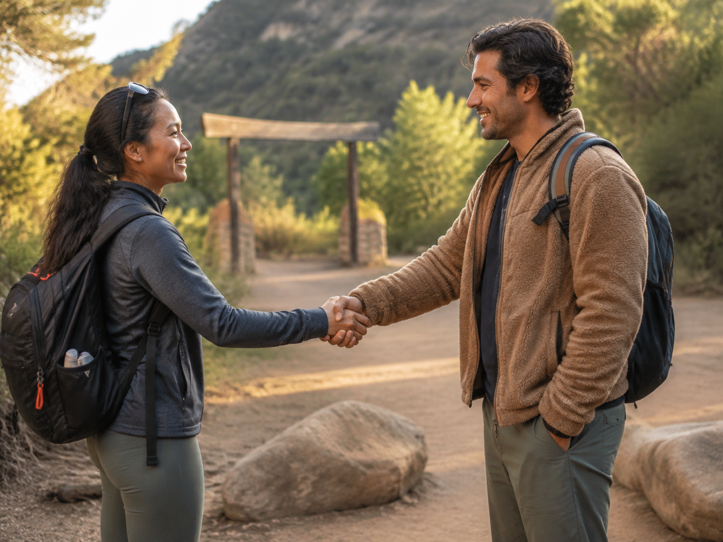 Adults greeting at a public trail entrance.