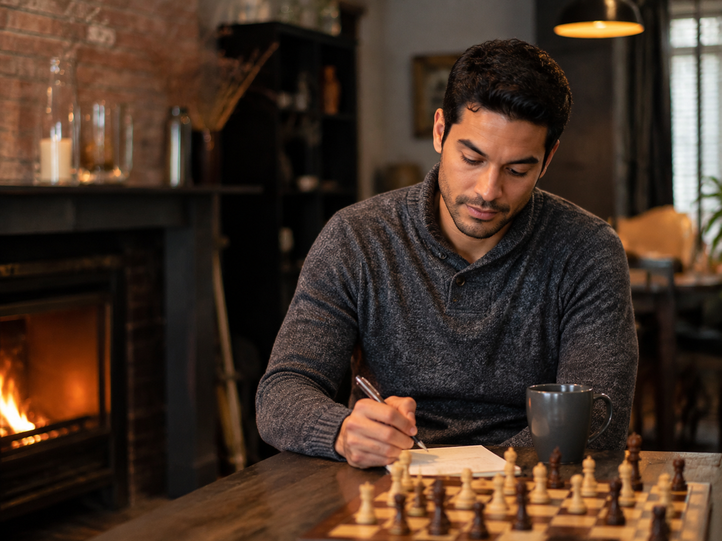 Adult writing a message beside a chess set.