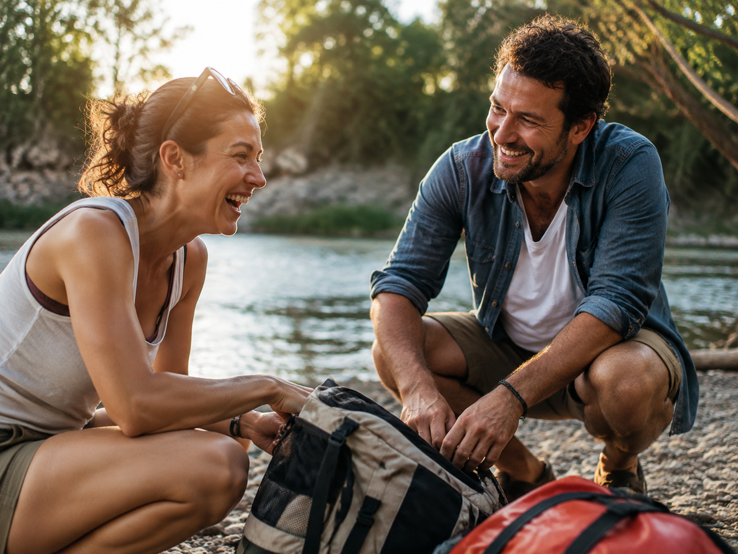 Adults laughing while packing equipment after a casual outing.