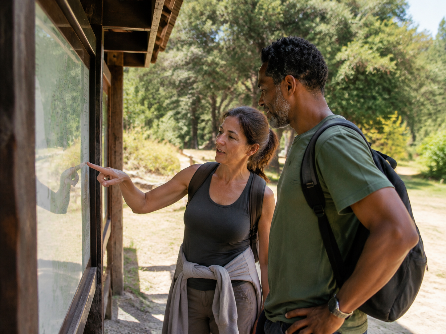 Adults choosing a walking trail at a public park board