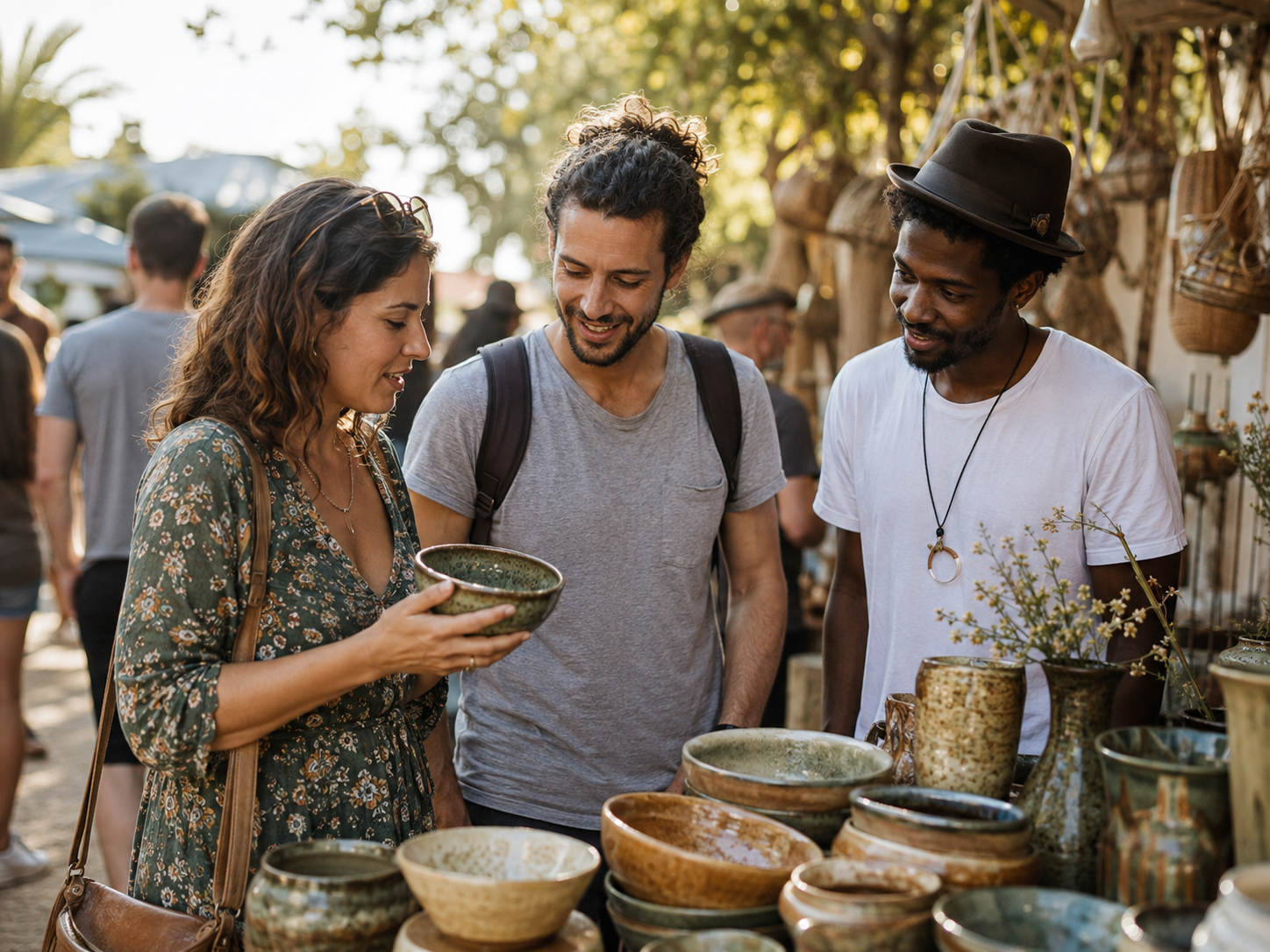 Friends browsing stalls at an outdoor crafts market