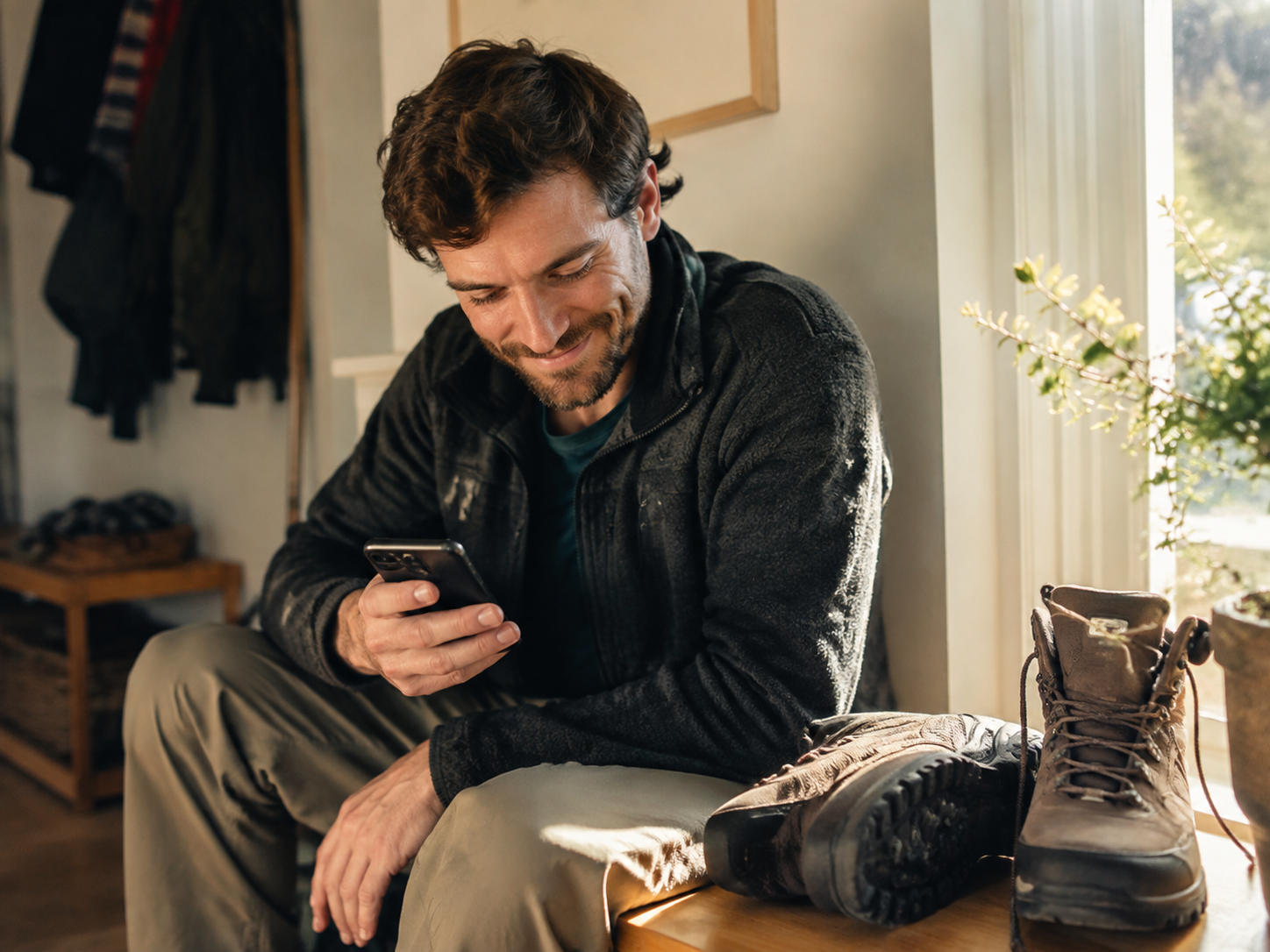 Adult inviting a friend with a phone message beside hiking shoes