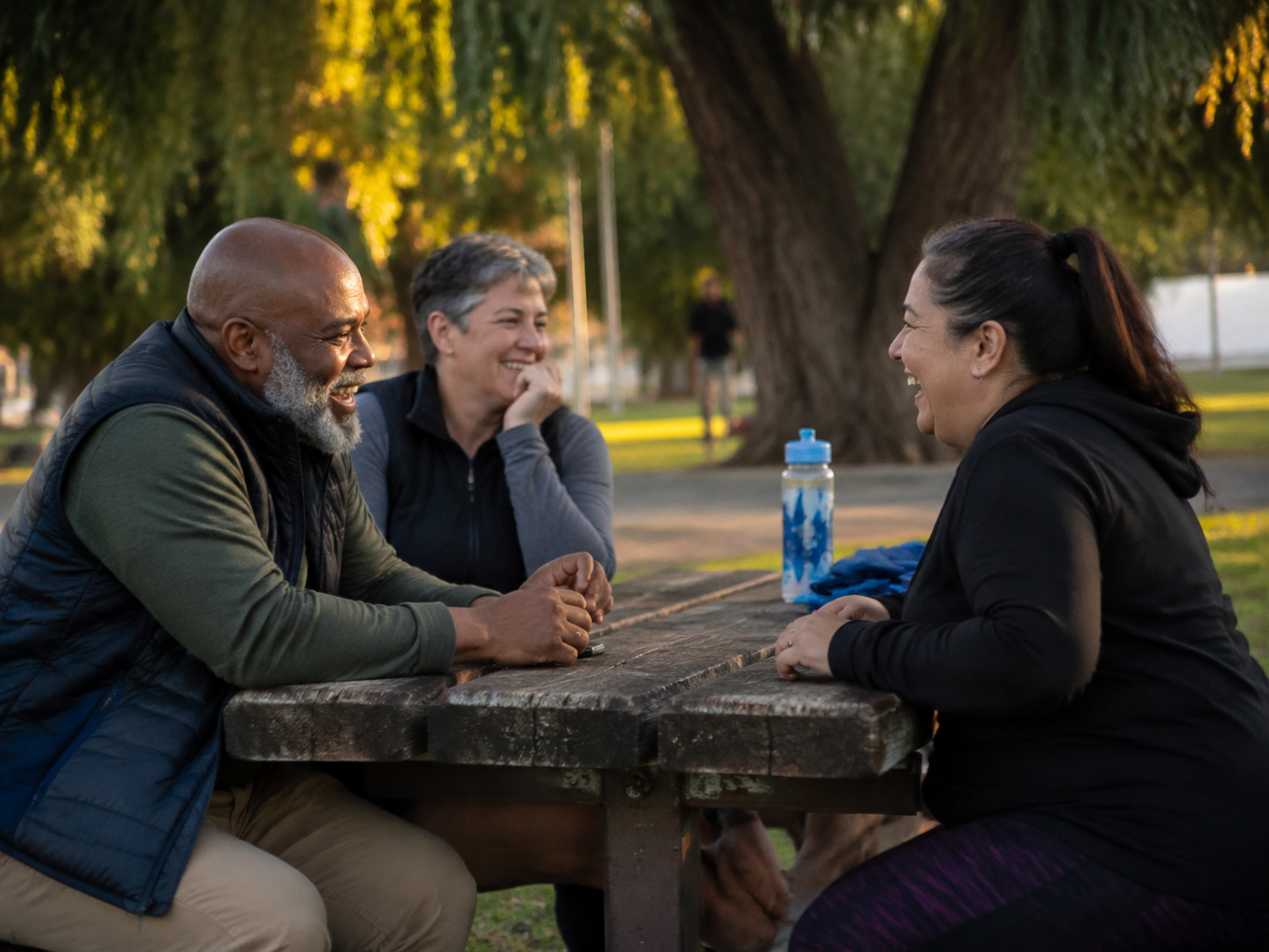 Adults laughing while resting at a park picnic table
