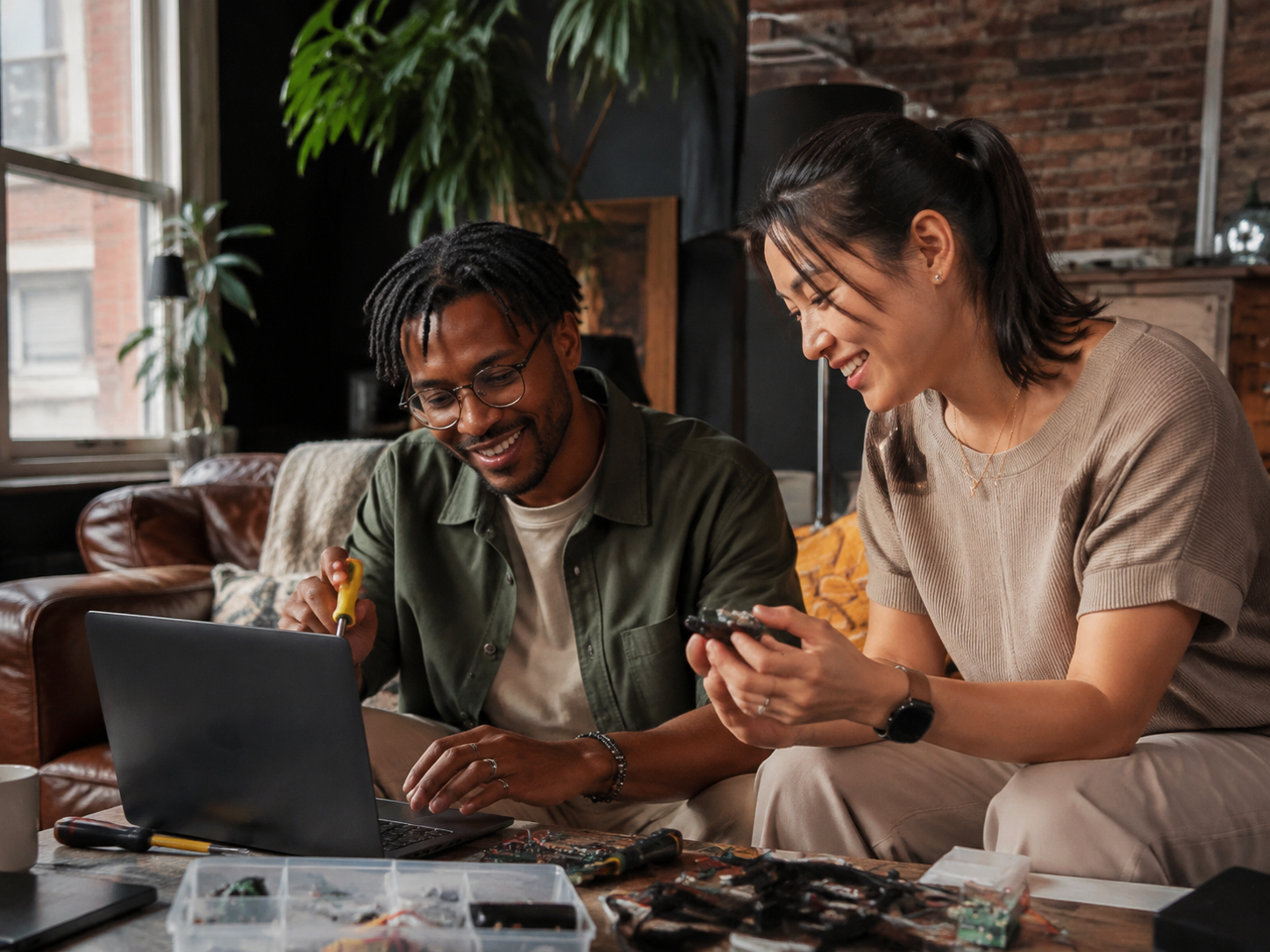 Adults experimenting with a laptop and small electronics kit