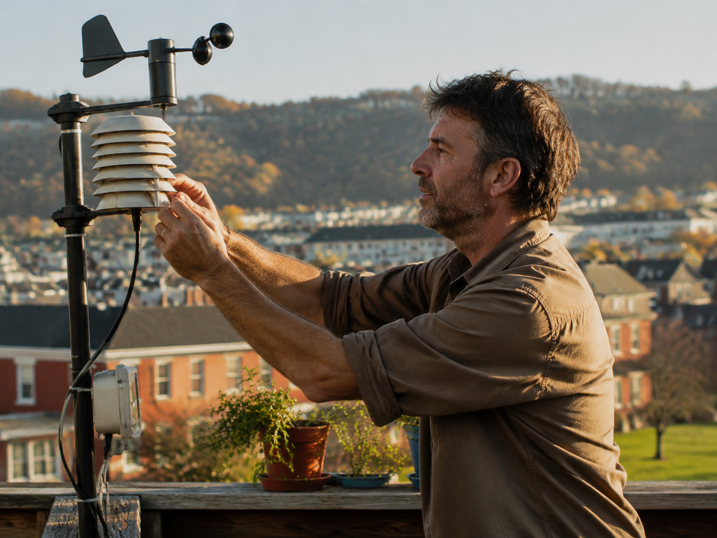 Adult photographing a home-built weather station