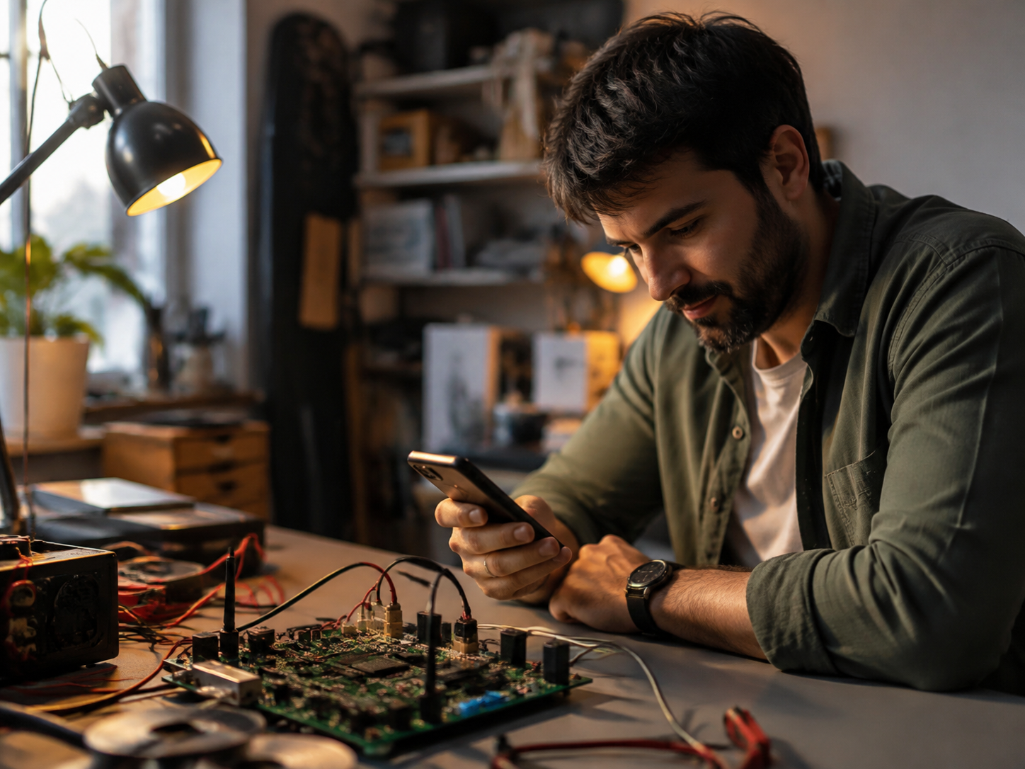 Adult reviewing a message beside an unbranded circuit prototype