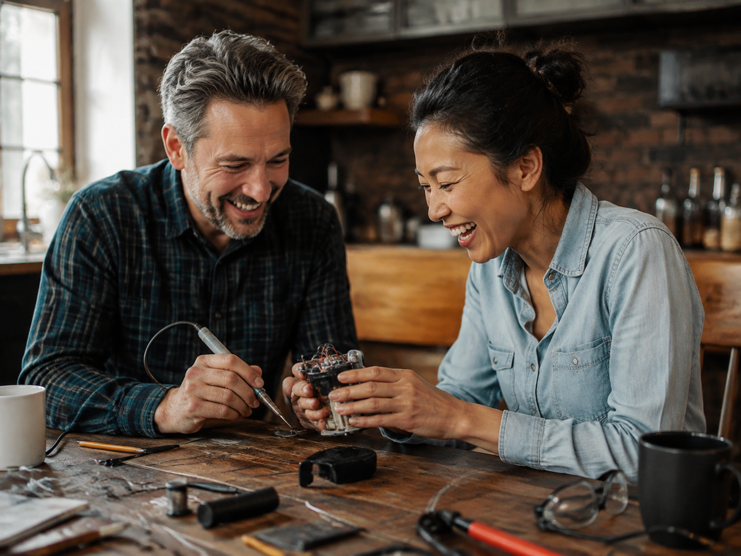 Adults laughing while demonstrating a small working project