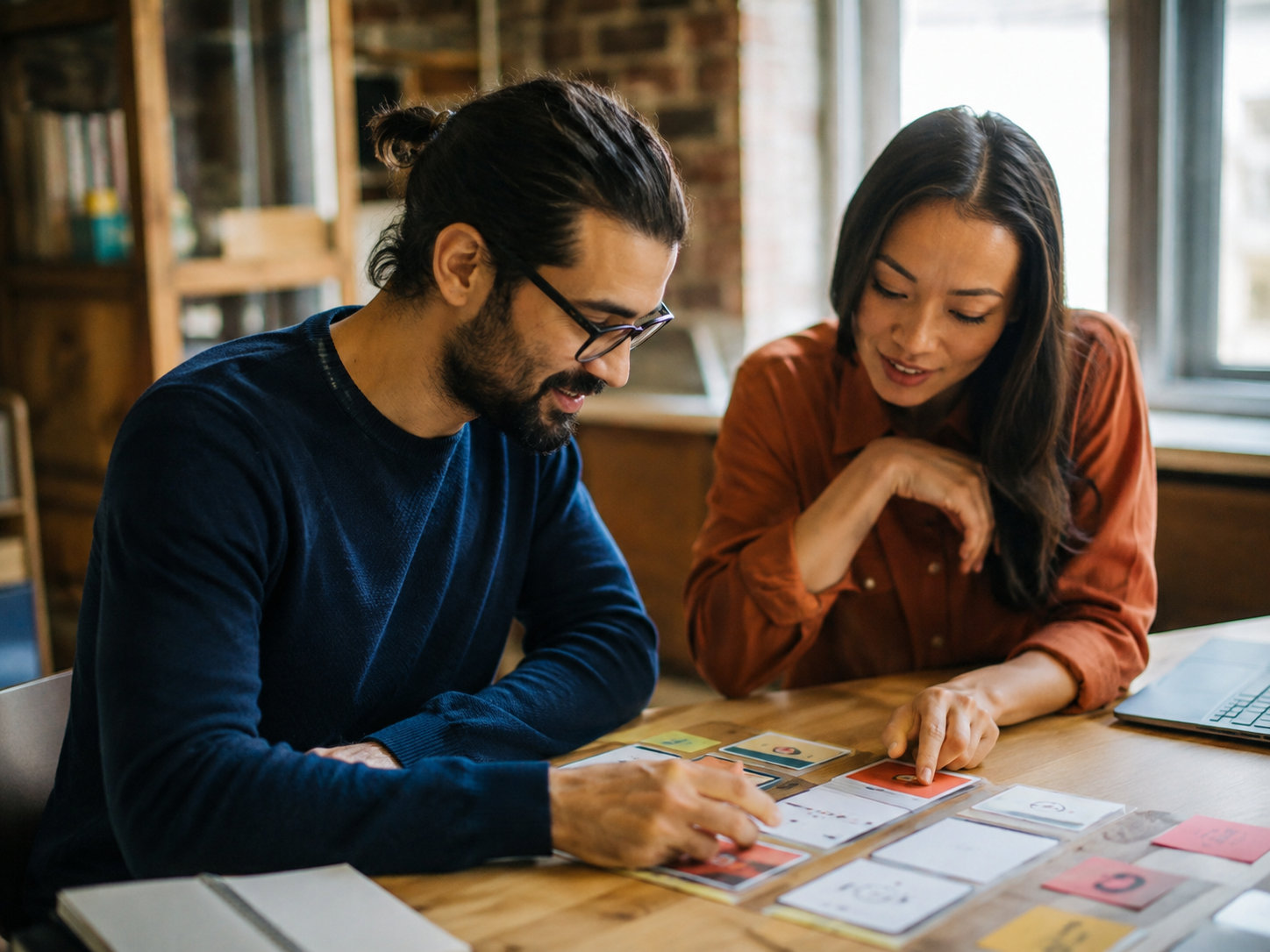 Adults examining a simple tabletop prototype.