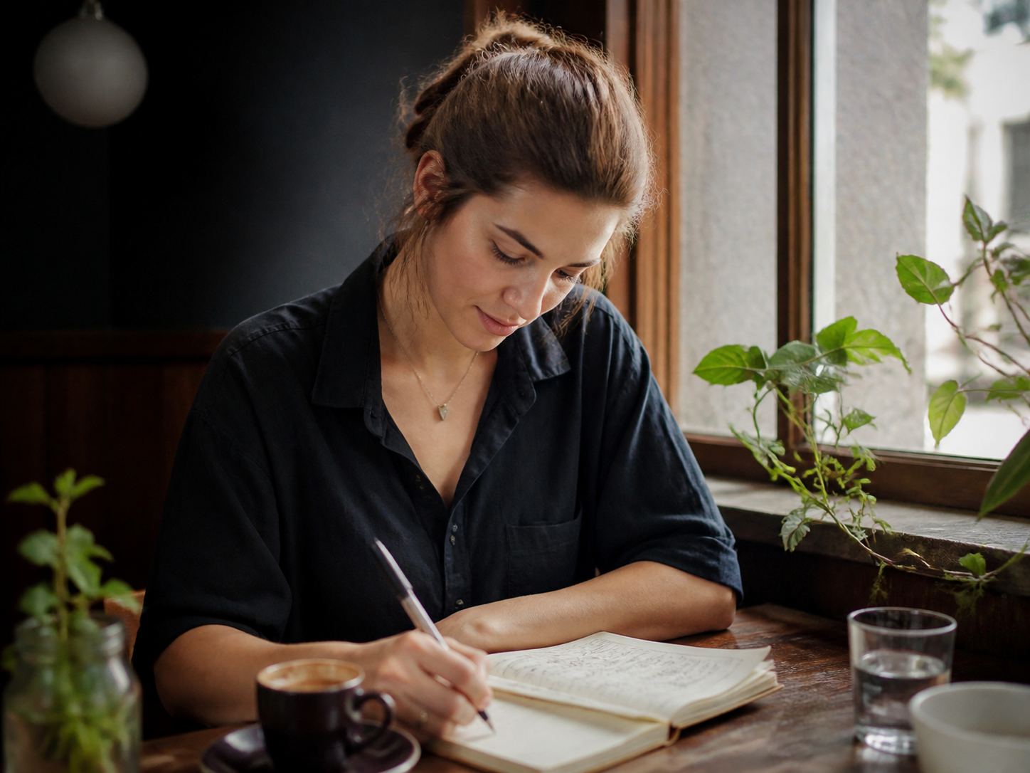 Adult sketching an idea in a notebook at a café.