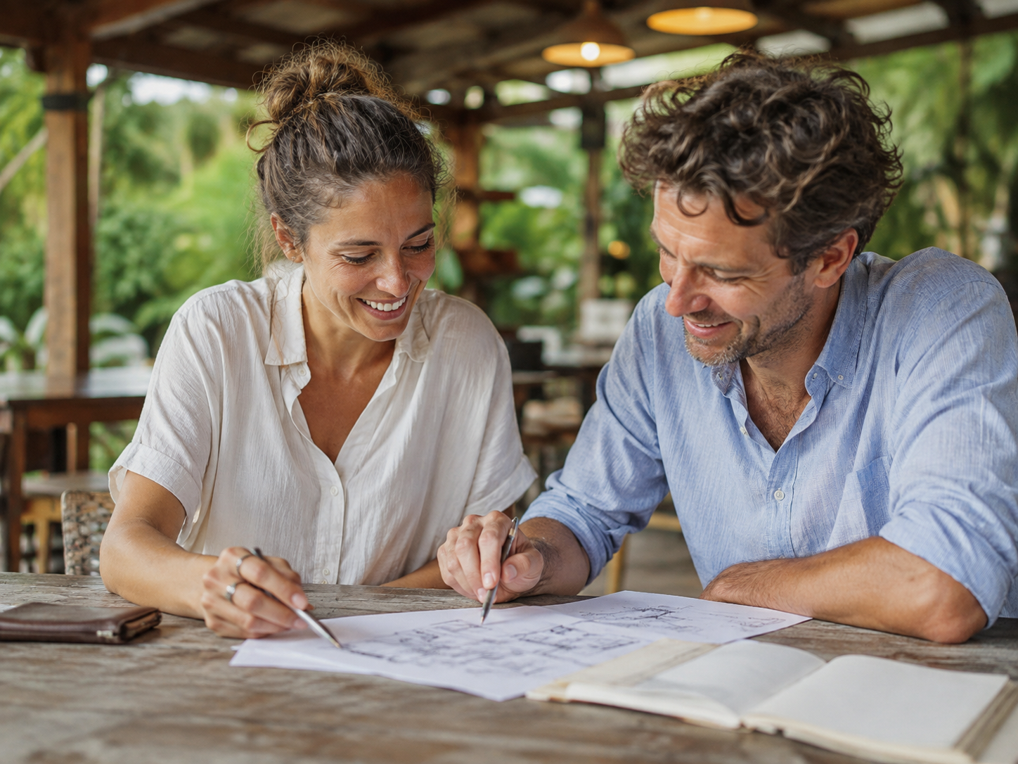 Adults discussing a hand-drawn concept at a public table.