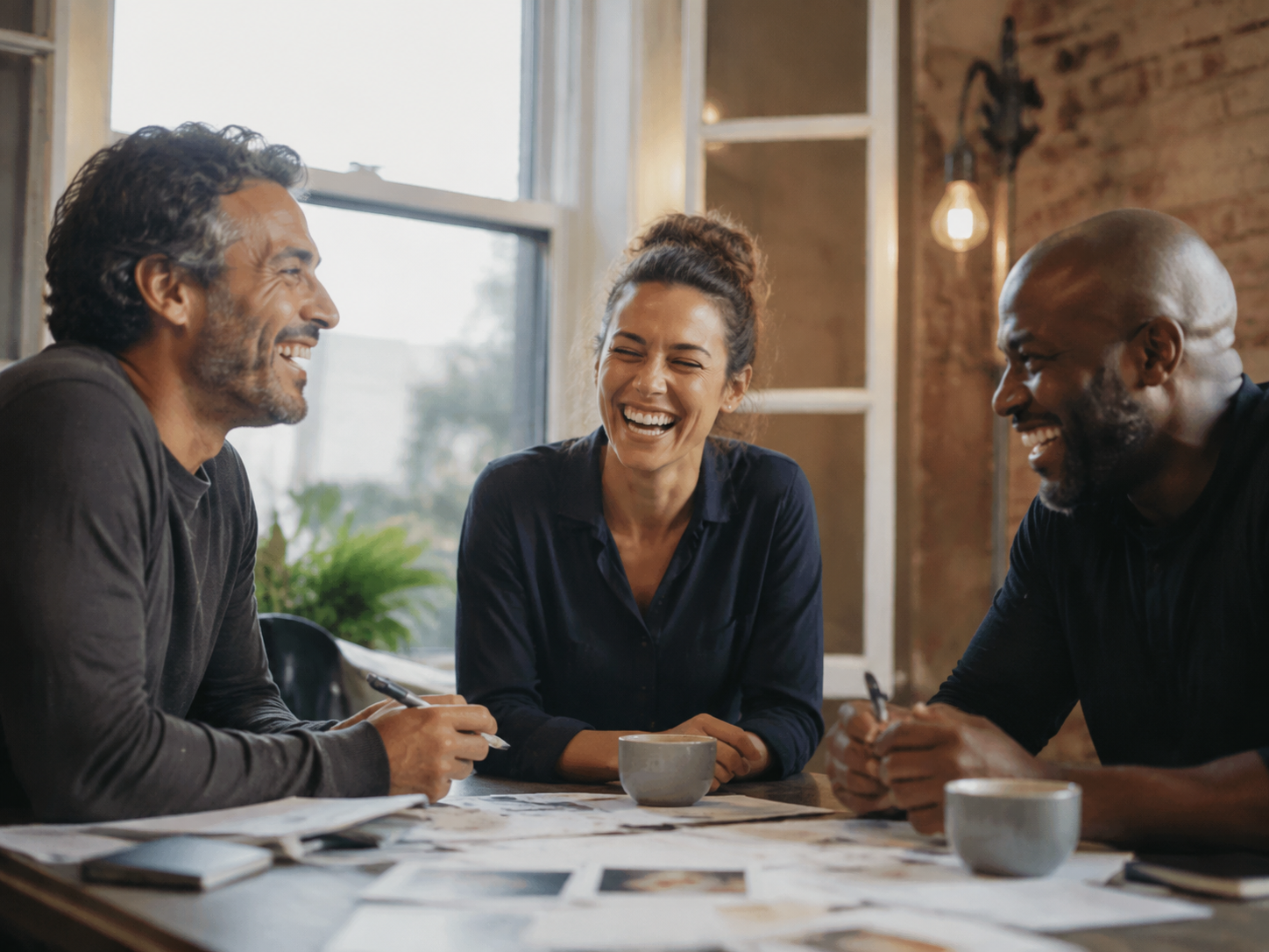 Adults laughing after an informal idea session.
