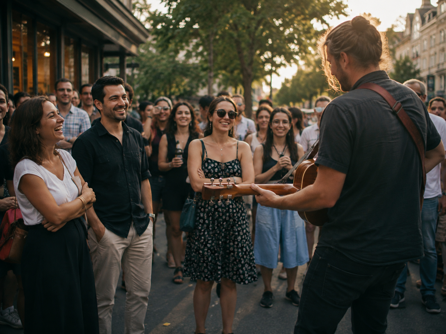 Adults enjoying a street performer from a small crowd