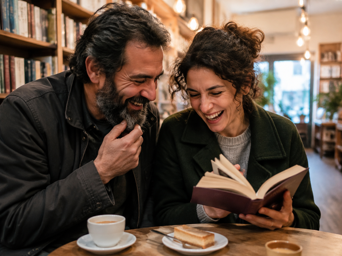 Adults laughing over a shared story in a bookshop café