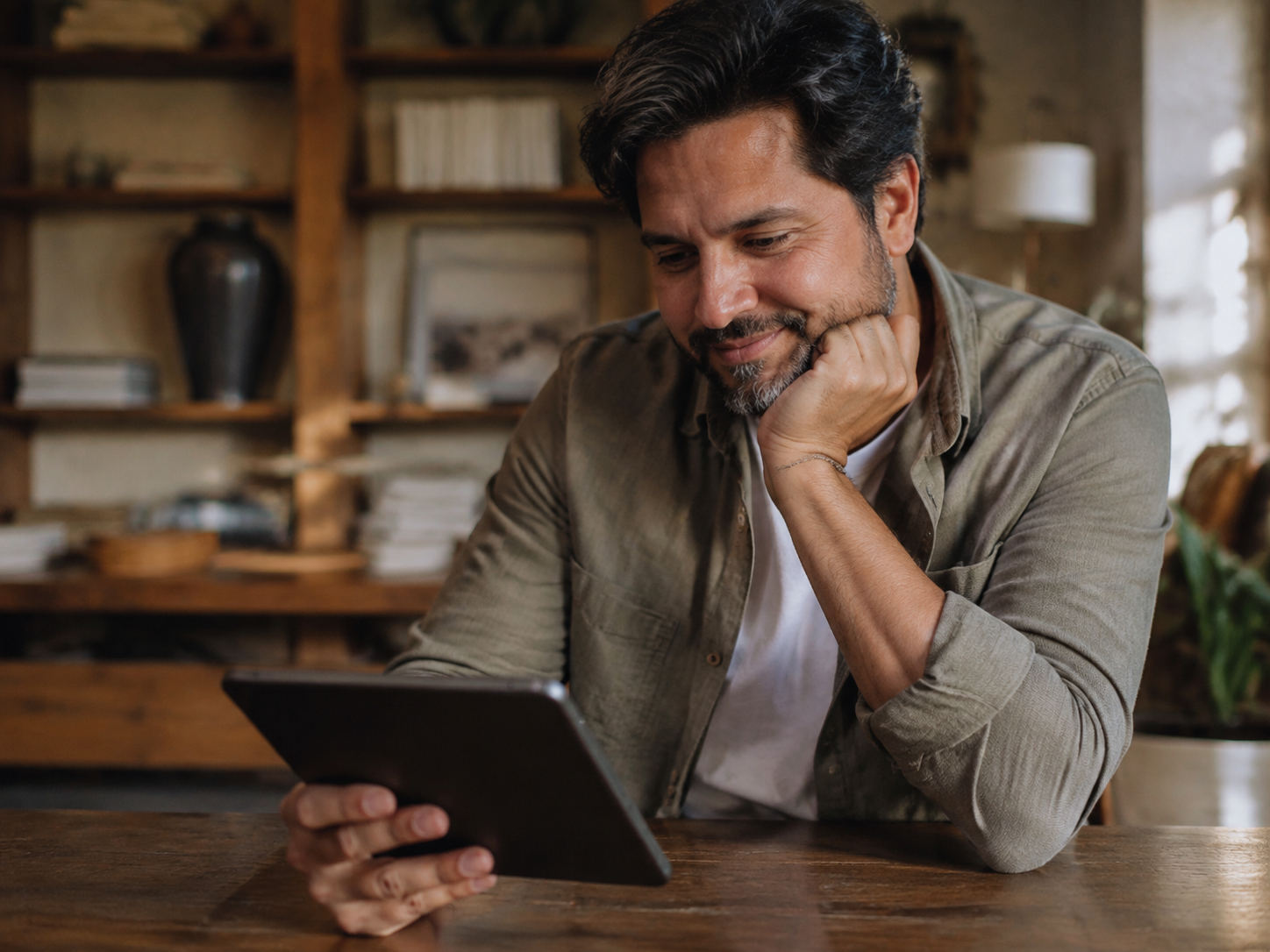 Adult thoughtfully reading a profile on a tablet