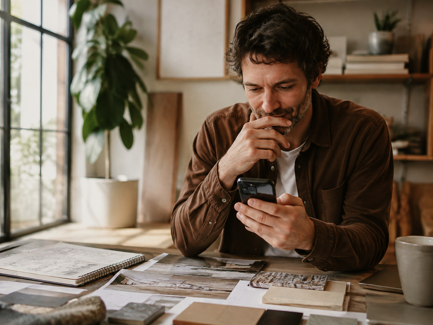 Adult composing a message beside project materials