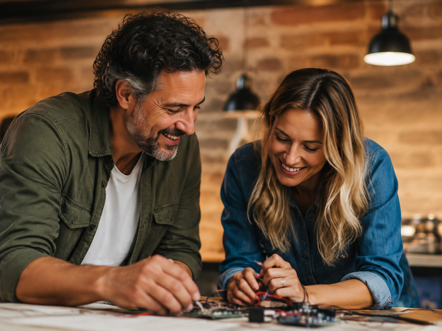 Adults smiling while examining a shared experimental project