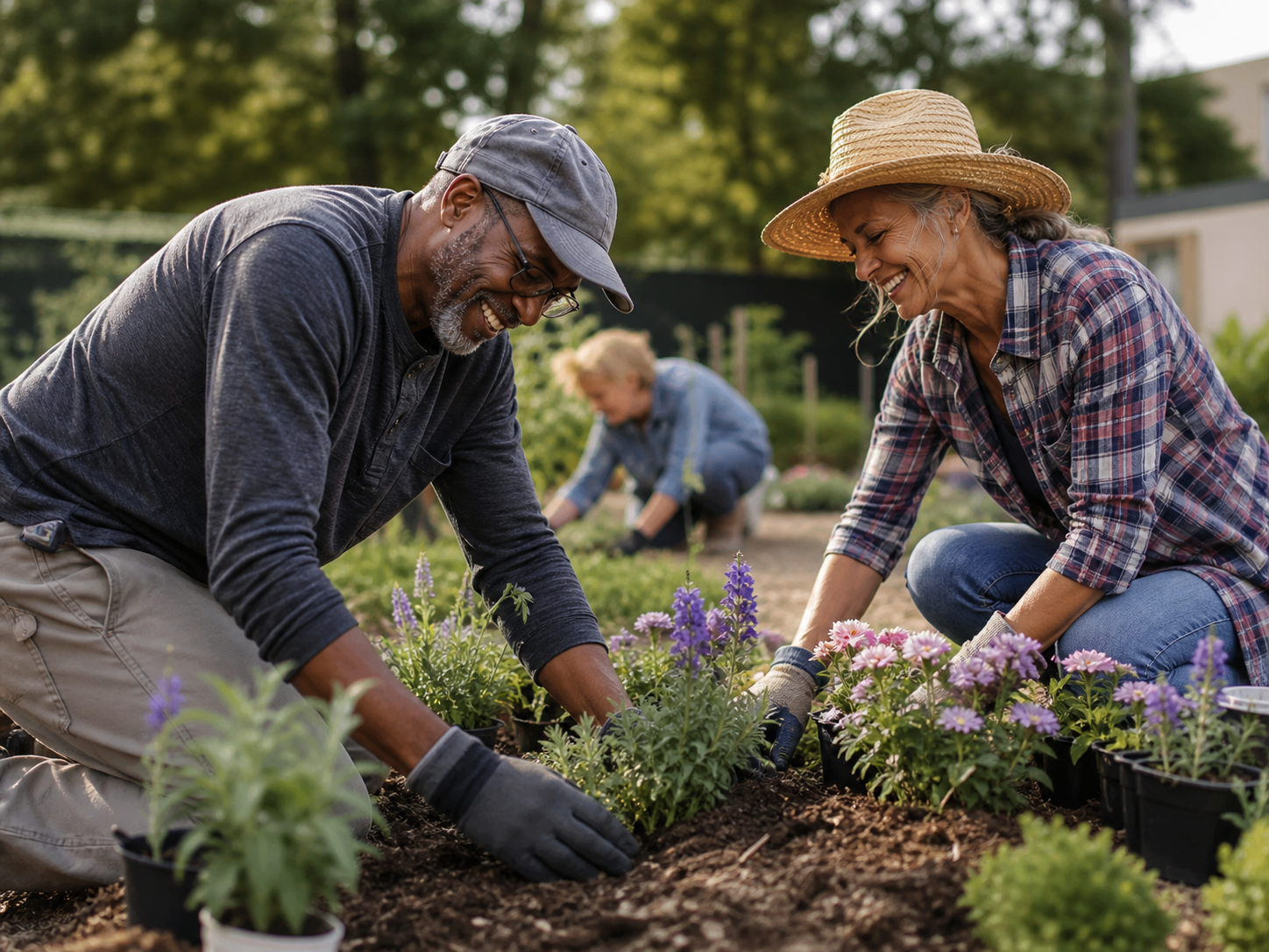 Adults planting flowers in a community garden