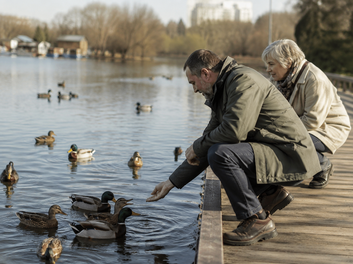 Adults feeding ducks from a designated public viewing path without litter