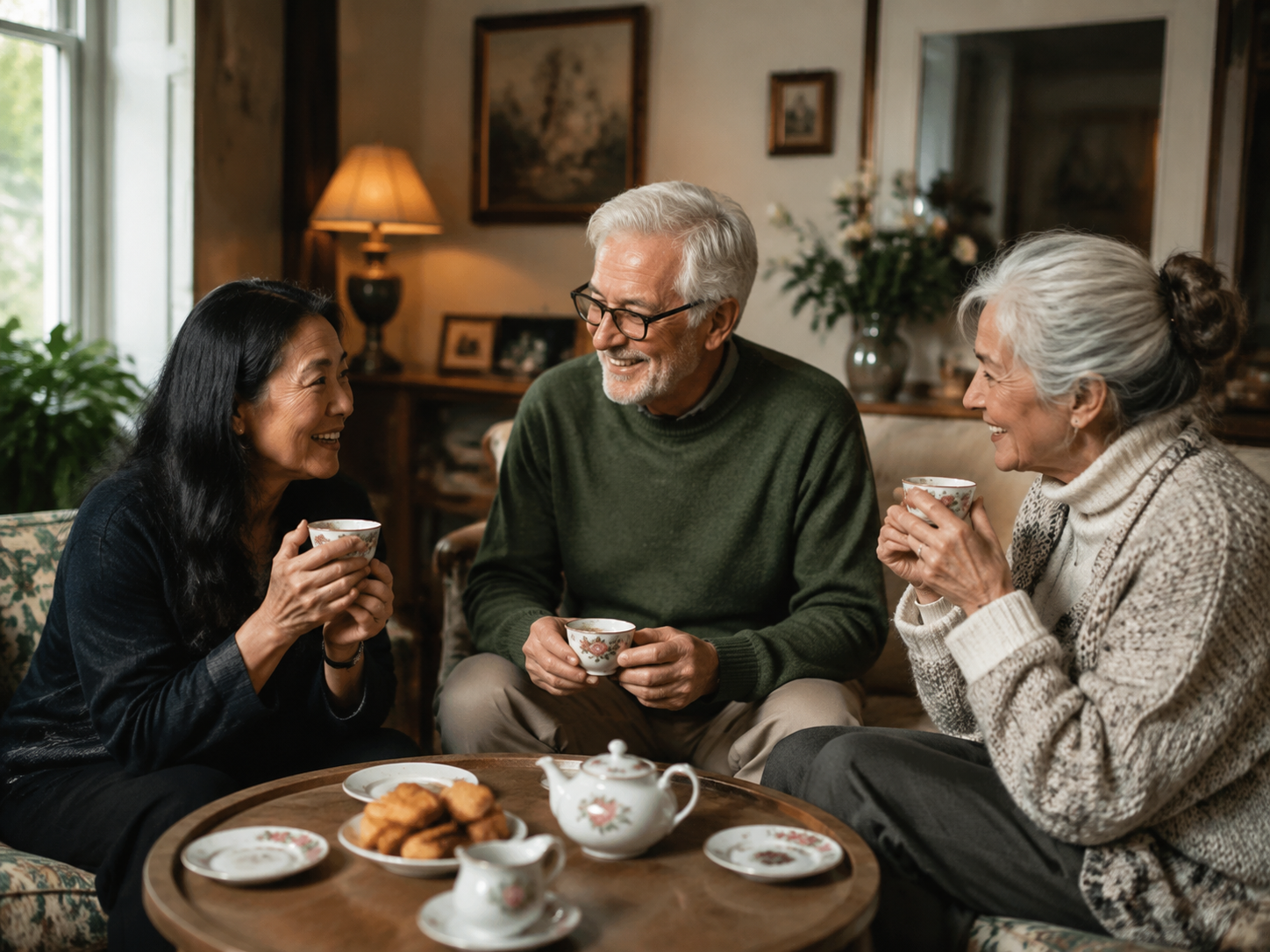 Adults enjoying tea after a neighborhood walk