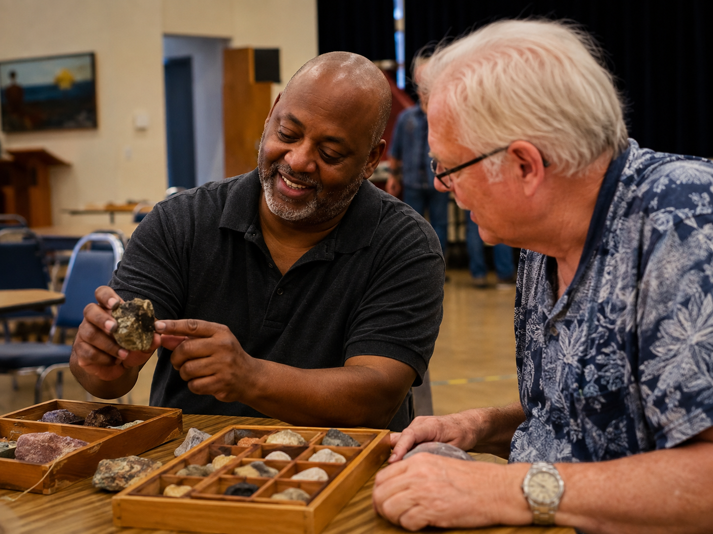 Adult showing a hobby collection to another at a community room