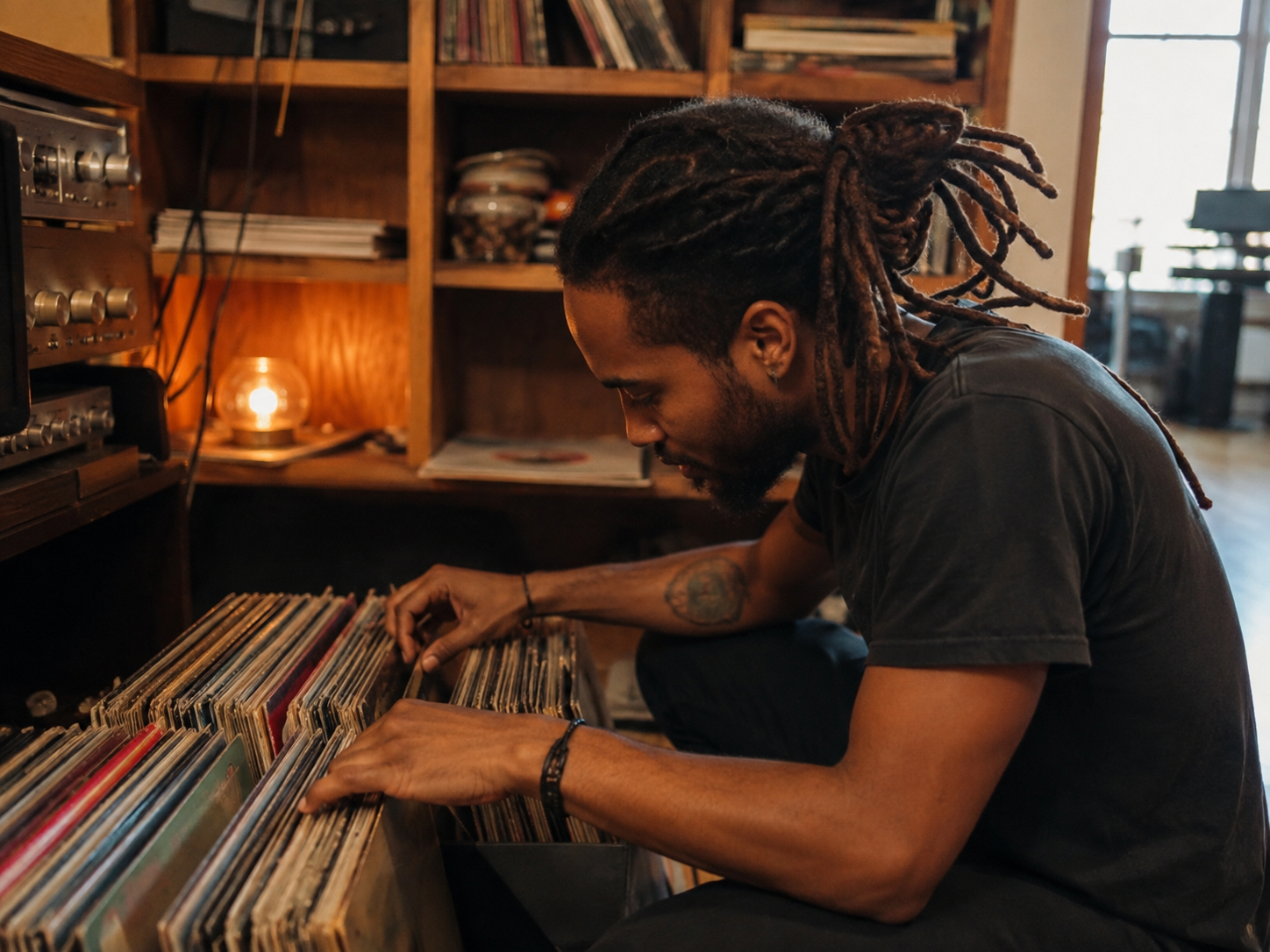 Adult looking through a personal vinyl collection