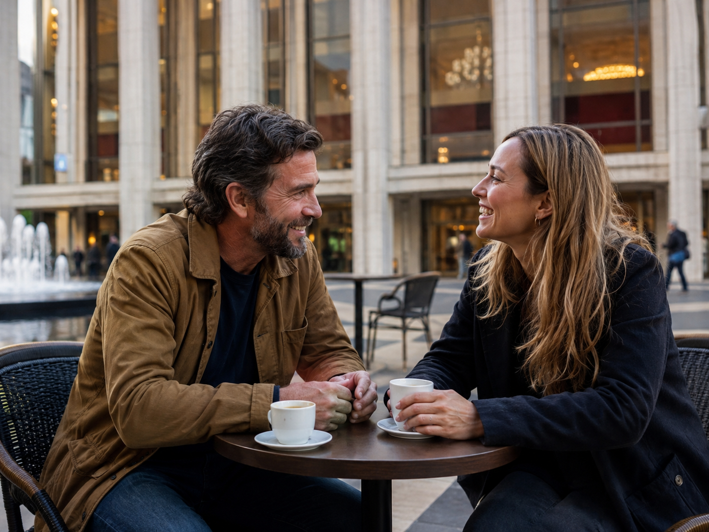 Adults meeting at a café near a concert hall in daylight