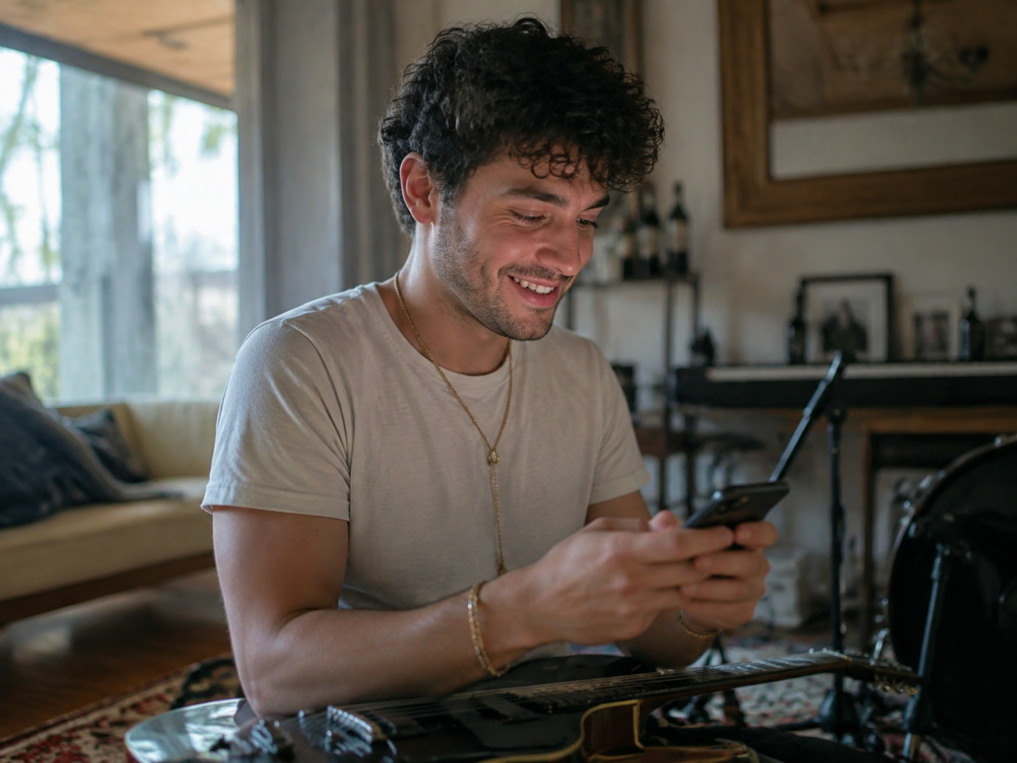 Adult smiling while composing a music-related message