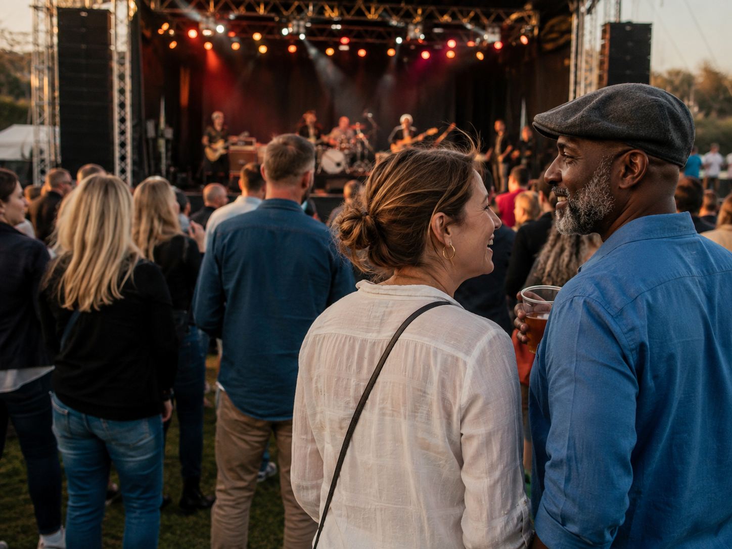 Adults enjoying an outdoor live band from the edge of the audience