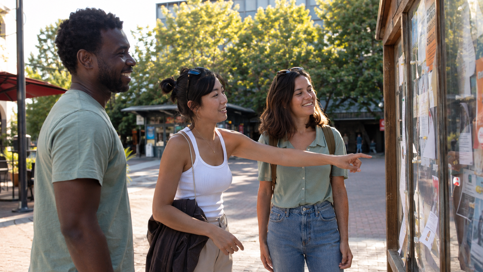 Adults sharing lively conversation around an outdoor table