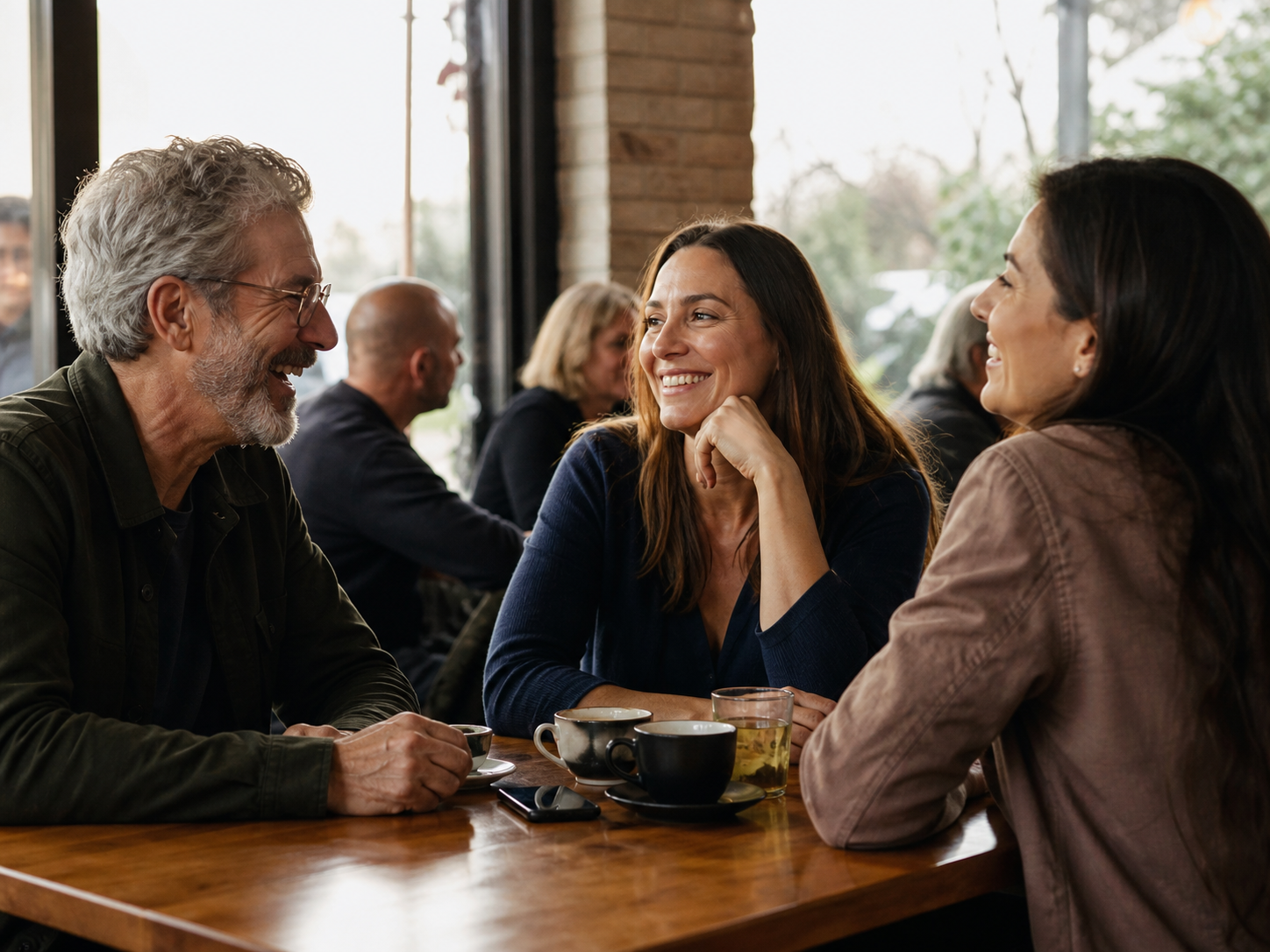 Adults in animated conversation at an independent café