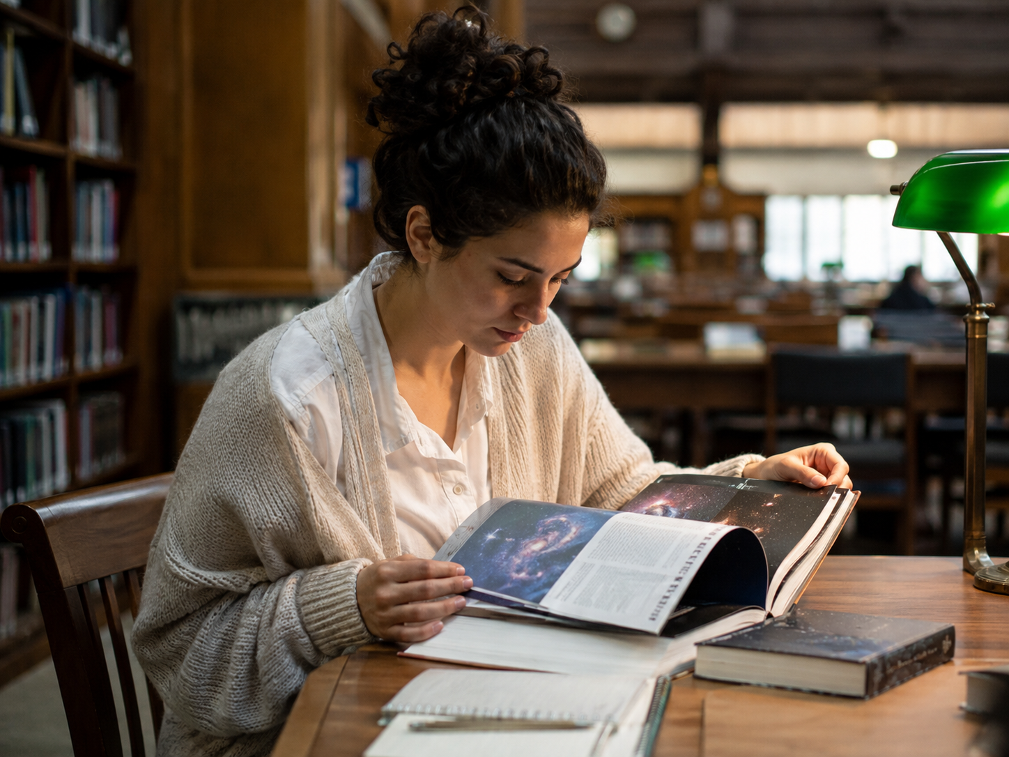 Adult reading a science book at a library table