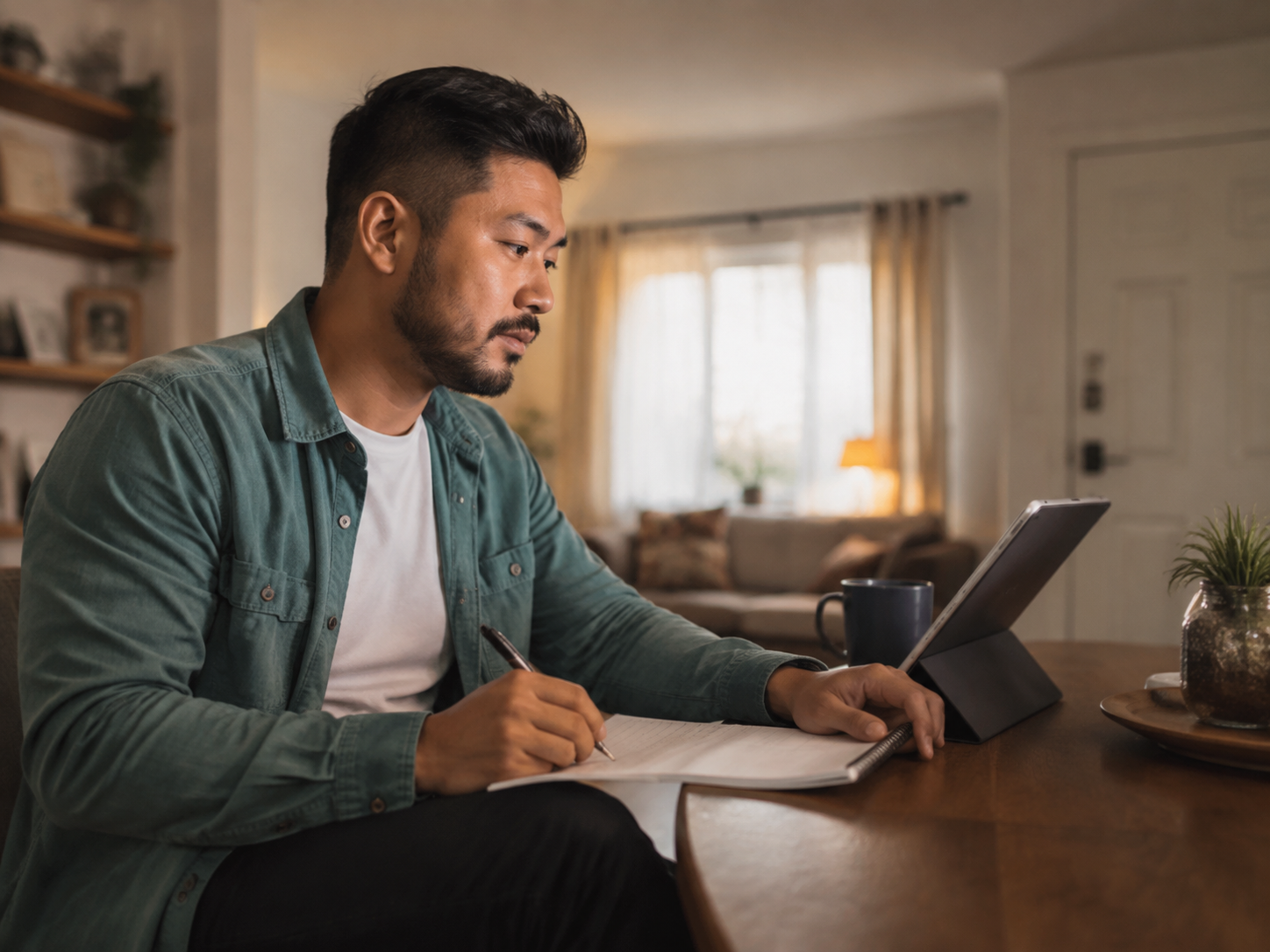 Adult editing a short note while looking at a tablet