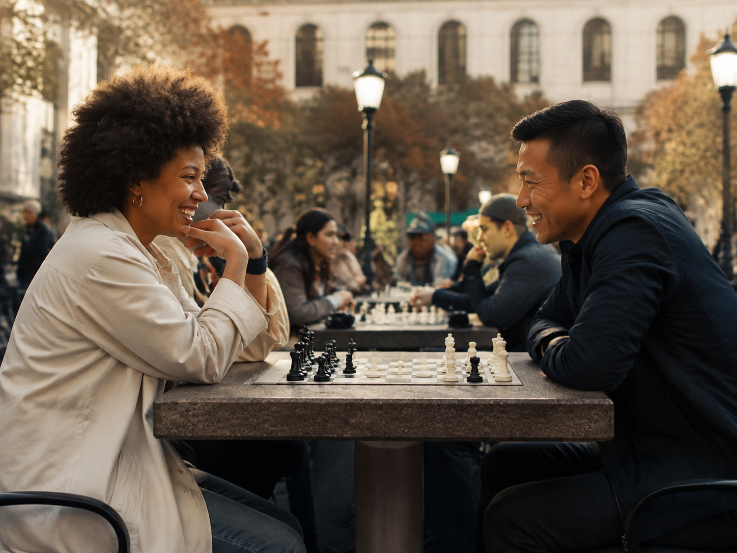 Adults smiling over a conversation across a public chessboard
