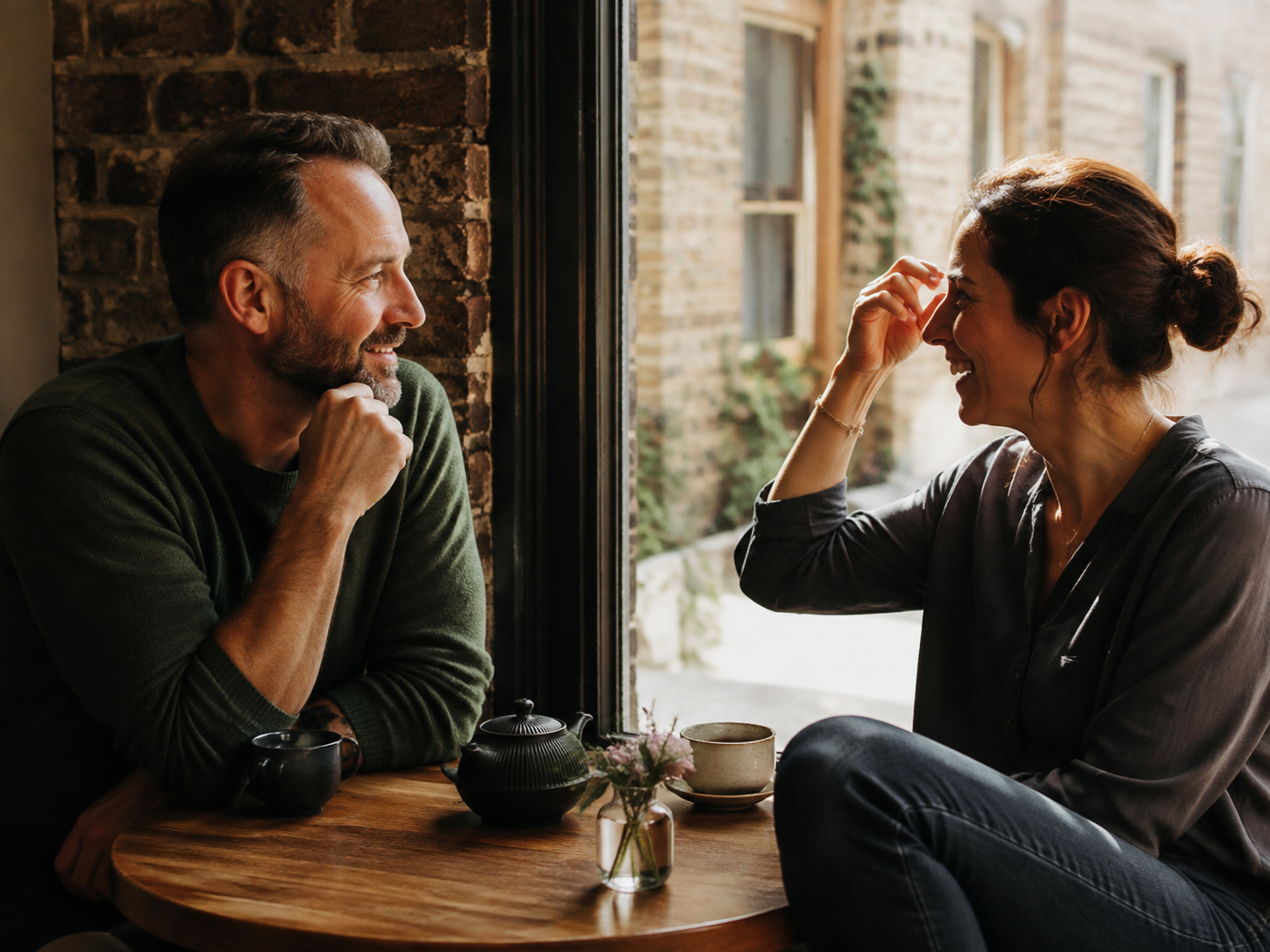 Adults lingering over tea beside a sunlit café window