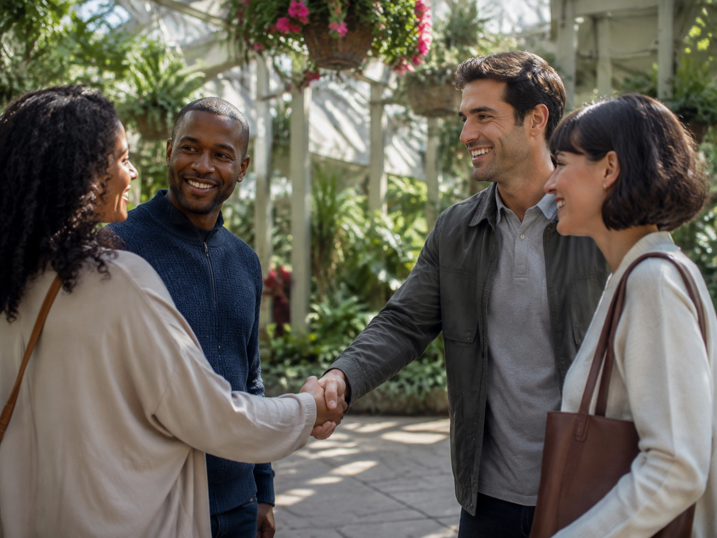 Two couples greeting in a public botanical garden