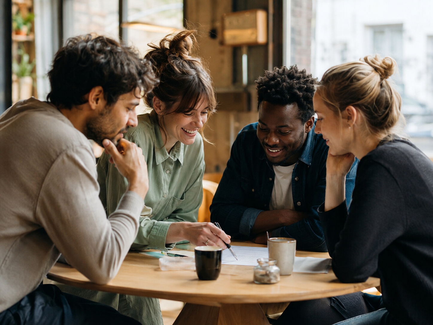 Four adults planning a casual meal at a café
