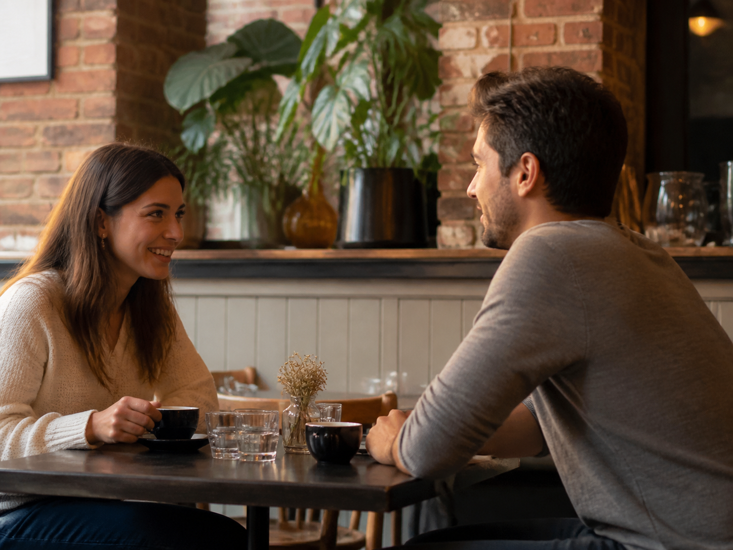Two adults talking across a small café table on a first date.