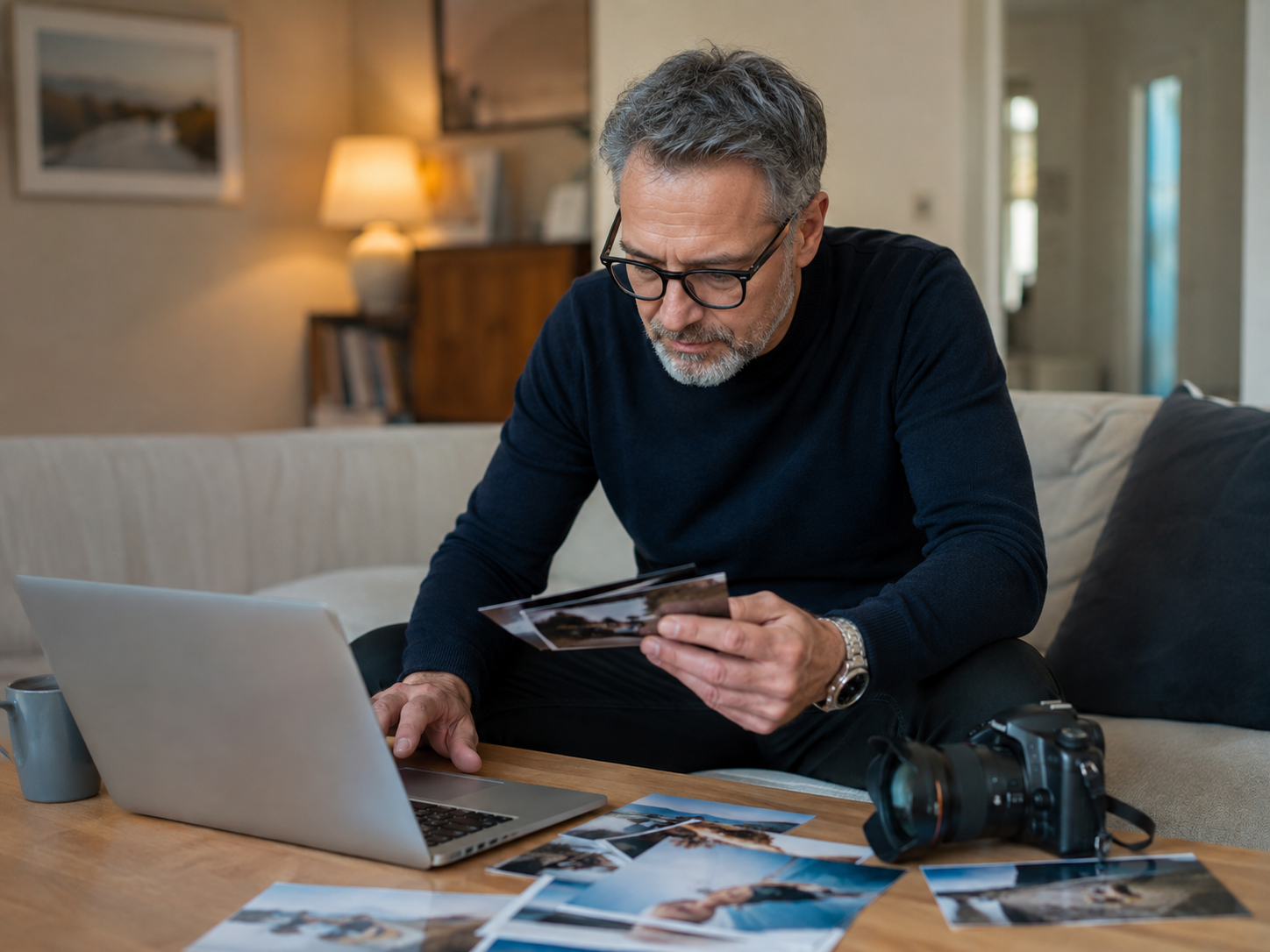 Adult looking through hobby photographs while drafting a profile at home.