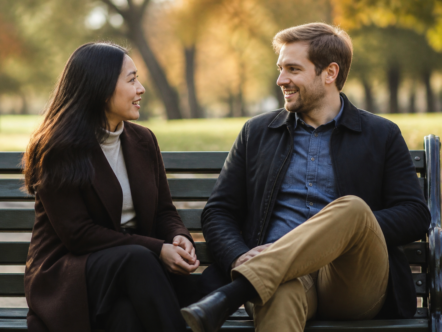 Two adults enjoying an unhurried conversation on a park bench.
