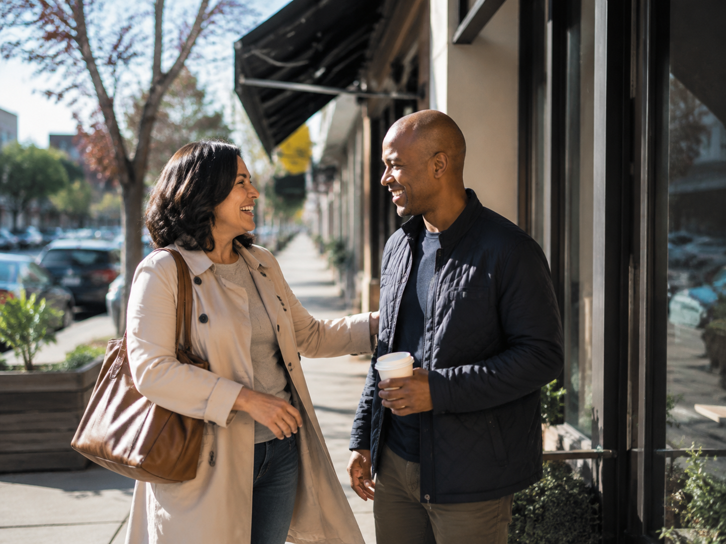 Adults greeting outside a neighborhood coffee shop