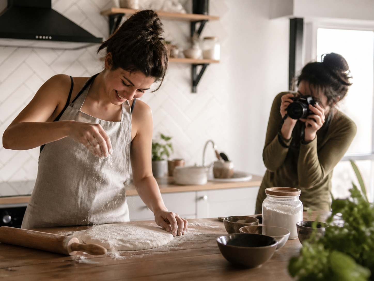 Adult baking at home while a friend takes a candid photograph