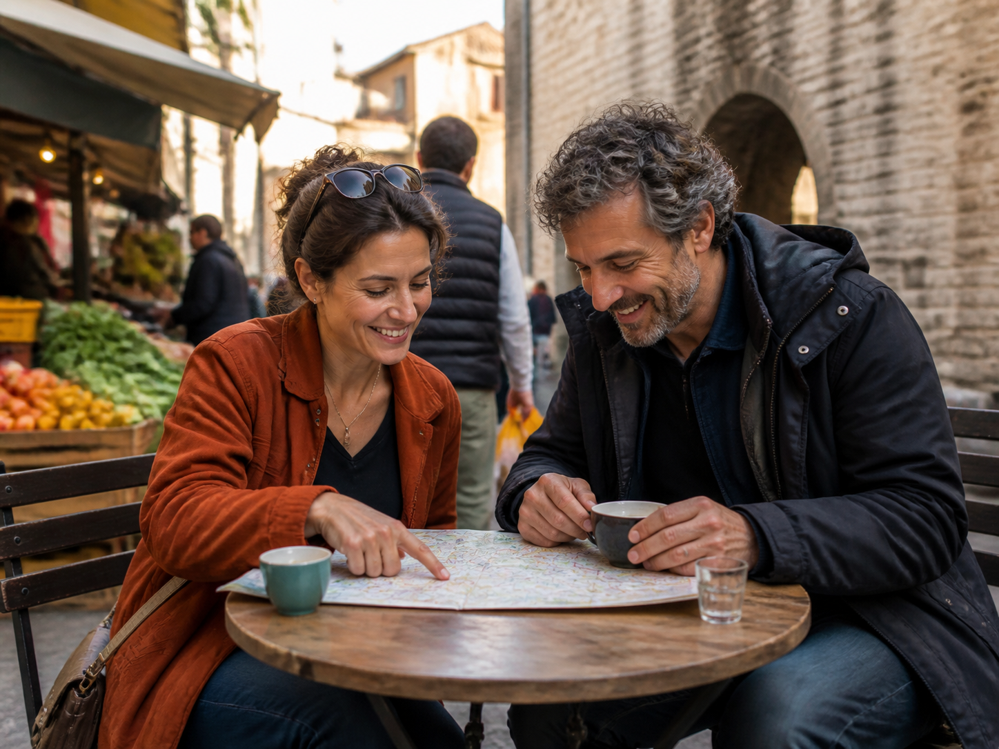 Adults seated at an outdoor market café with a map folded on the table
