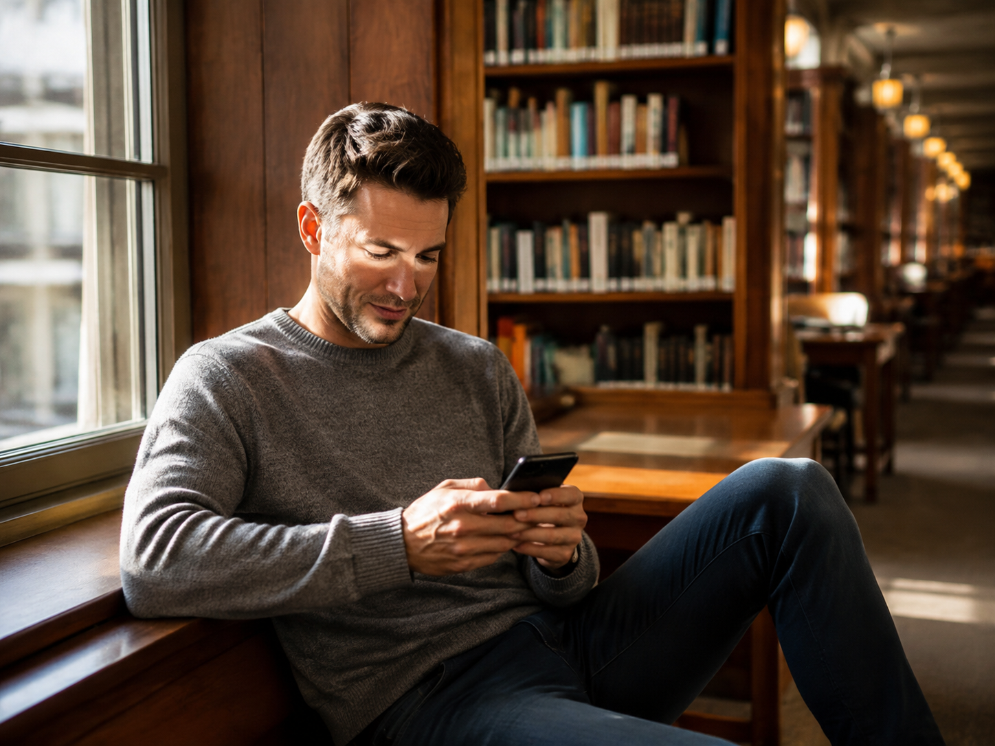 Adult writing a short phone message beside a library window