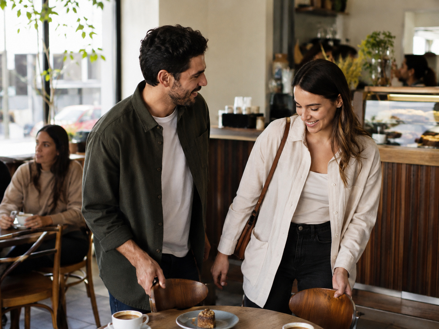 Adults taking seats at a neighborhood coffee bar