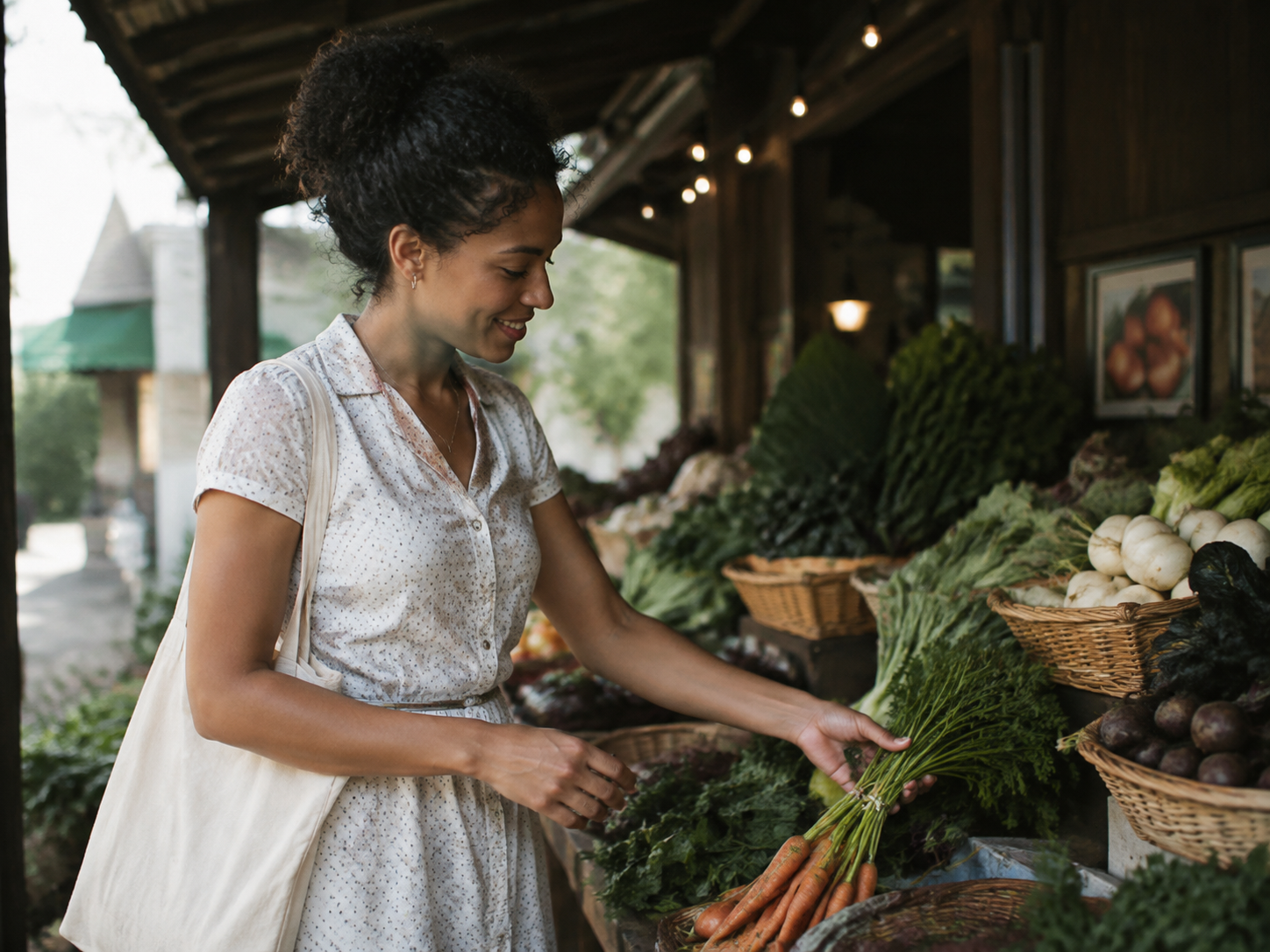 Adult browsing a small market produce stall