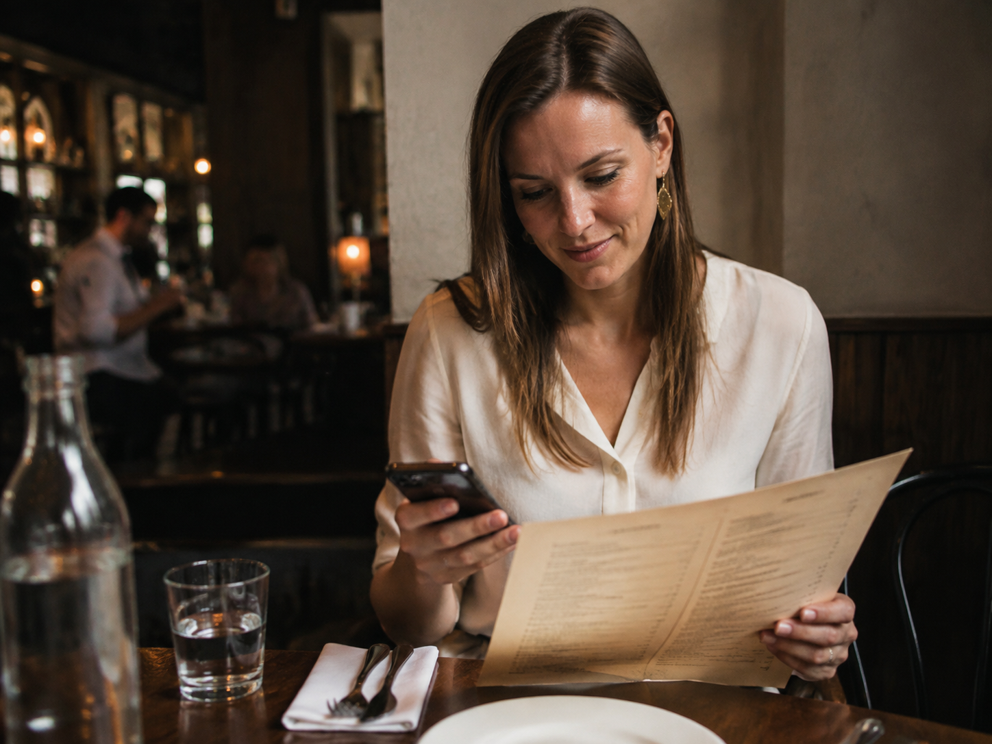 Adult reading a café menu while sending a brief message