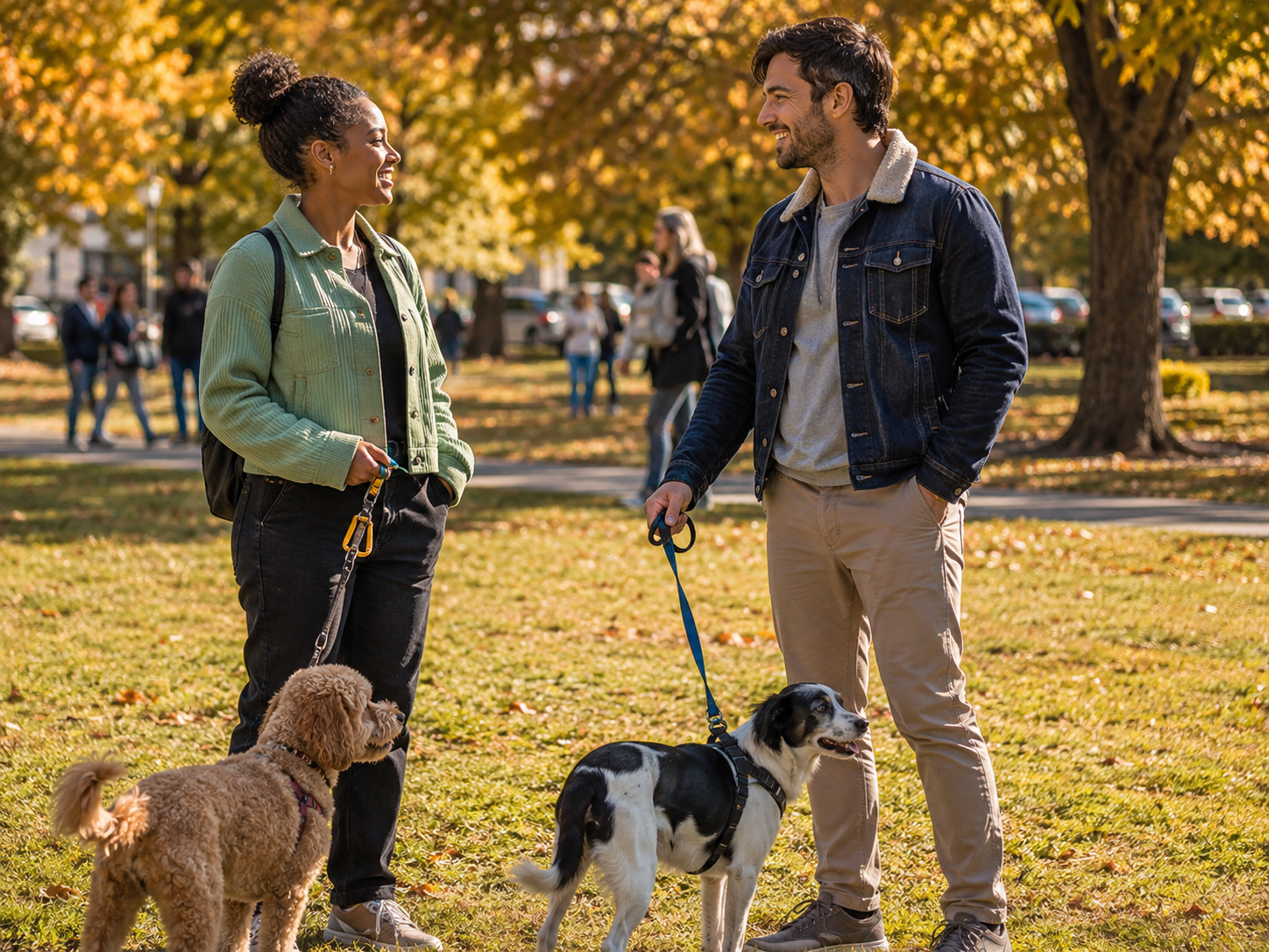Adults talking with leashed dogs at a public park