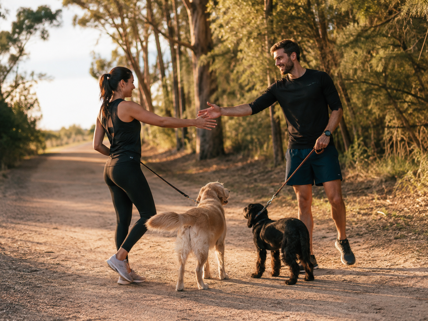 Adults greeting with dogs on a wide walking path