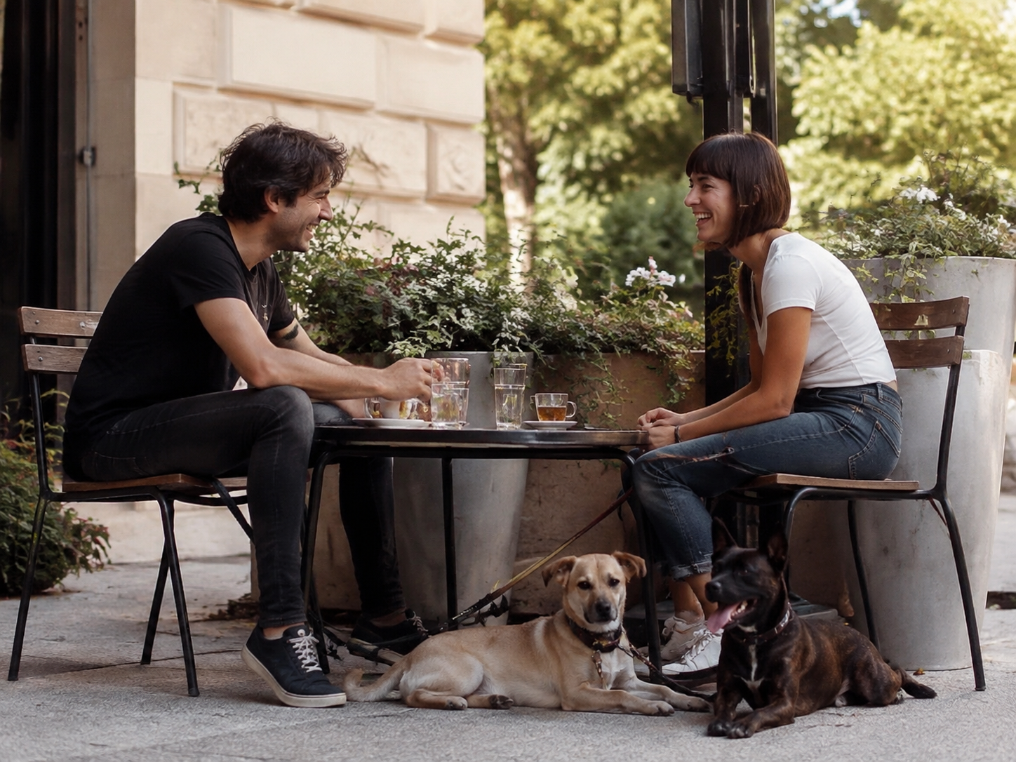 Adults laughing while their leashed dogs rest at an outdoor café